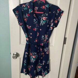 Express navy polyester button up tie dress with a collar